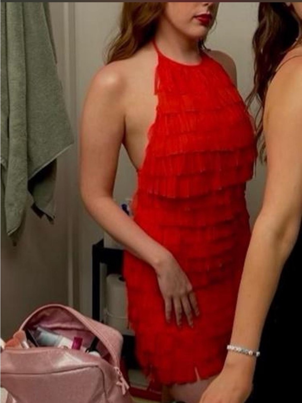Zara Red Tiered Fringe Halter Mini Dress